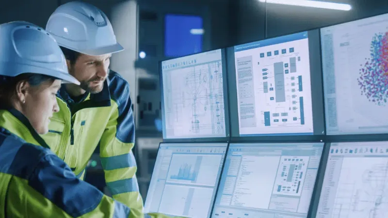Two operators in high-visibility clothing monitoring plant data across a wall of screens